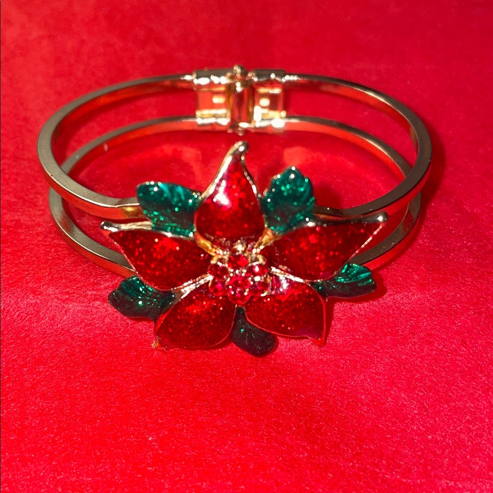 Festive Red and Green Poinsettia Flower Bracelet